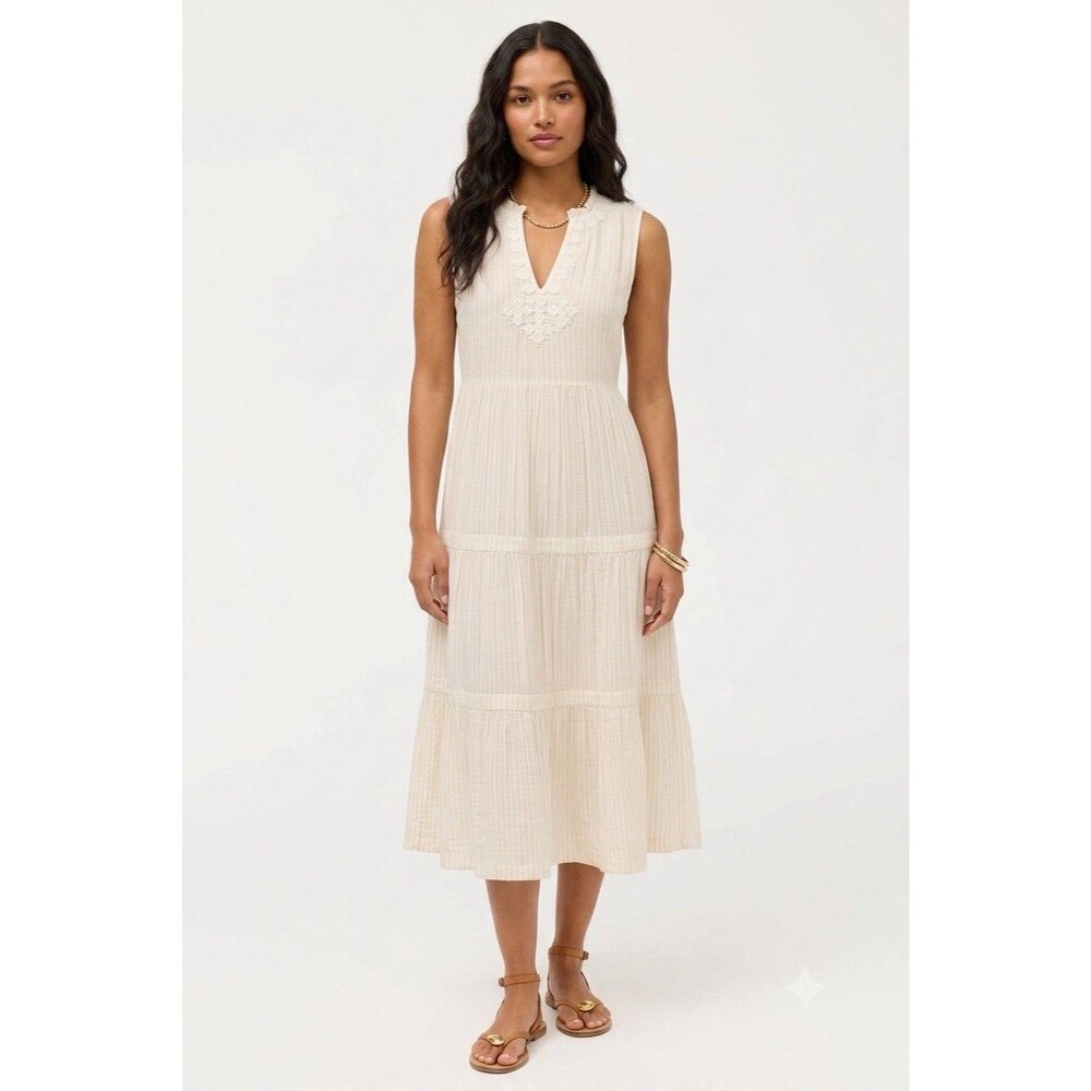 Johnny Was Cotton Tiered Midi Sundress Striped Carana Cream XS Vacation